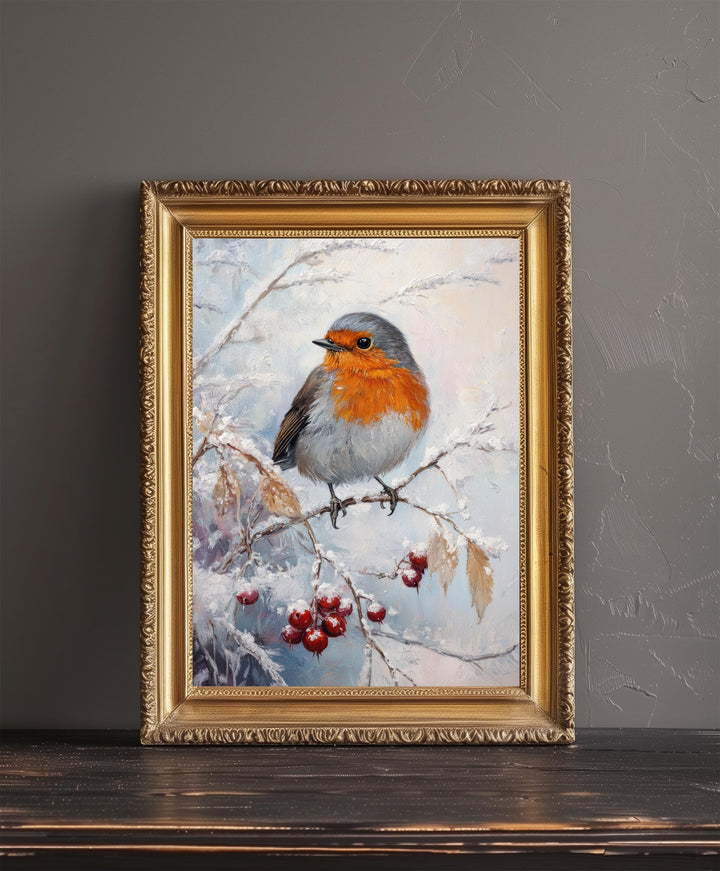 Robin in Frosted Brambles Art Print Cottagecore Winter Nature Decor Woodland Bird Wall Art
