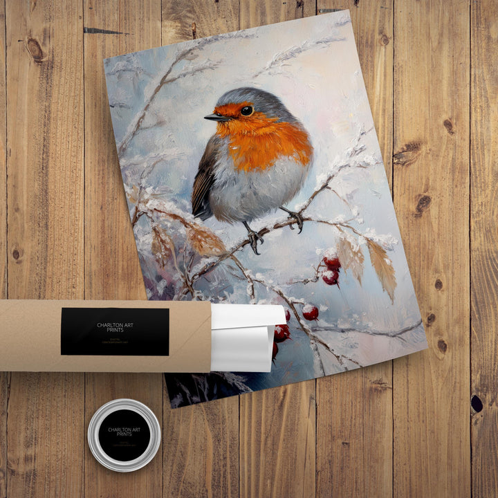 Robin in Frosted Brambles Art Print Cottagecore Winter Nature Decor Woodland Bird Wall Art