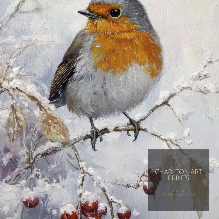 Robin in Frosted Brambles Art Print Cottagecore Winter Nature Decor Woodland Bird Wall Art