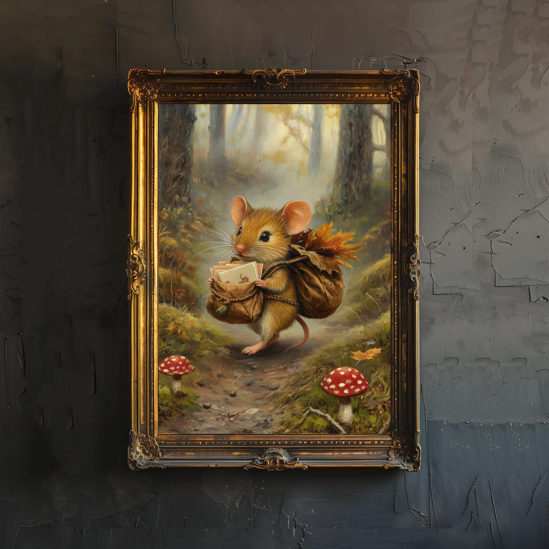 Mouse Mail Delivery Art Print Cottagecore Dark Academia Decor Whimsical Animal Wall Art Vintage Nature Poster for Cozy Homes and Bookish