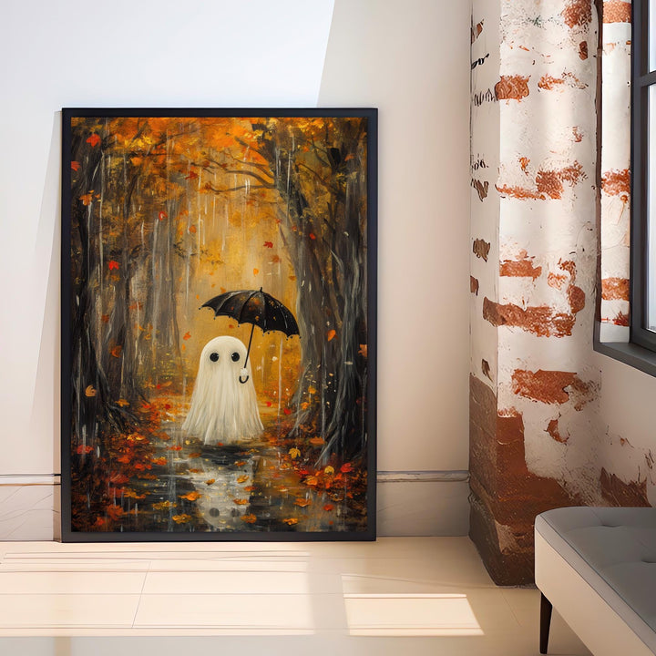 Autumn Ghost in Rain Art Print Cottagecore Spooky Season Decor Whimsical Halloween Wall Art