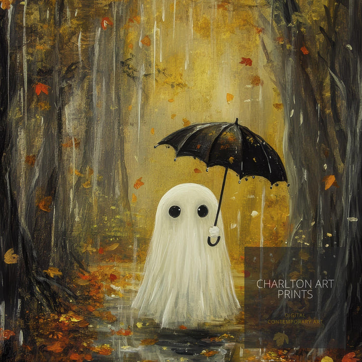 Autumn Ghost in Rain Art Print Cottagecore Spooky Season Decor Whimsical Halloween Wall Art