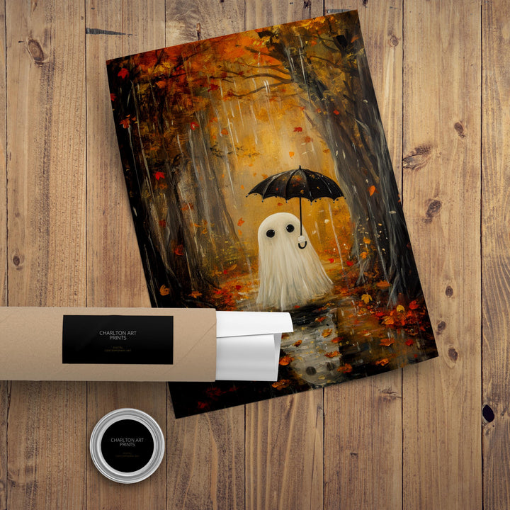 Autumn Ghost in Rain Art Print Cottagecore Spooky Season Decor Whimsical Halloween Wall Art