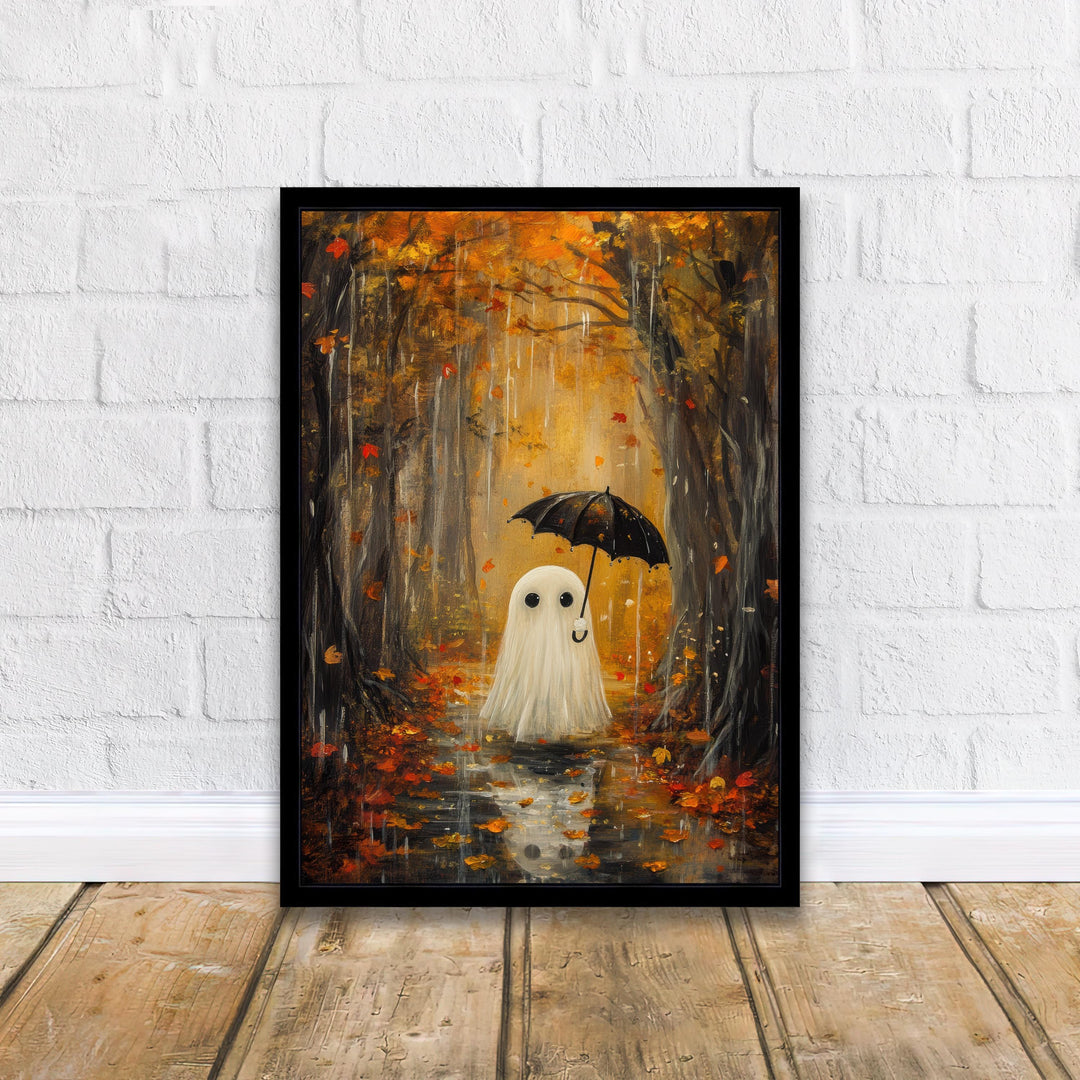 Autumn Ghost in Rain Art Print Cottagecore Spooky Season Decor Whimsical Halloween Wall Art