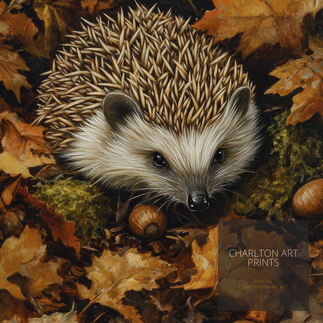Hedgehog in Autumn Forest Print Cottagecore Woodland Art Cozy Fall Decor Whimsical Forest Animal Wall Art