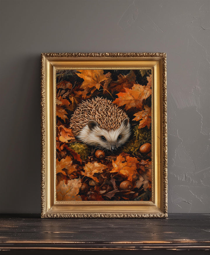 Hedgehog in Autumn Forest Print Cottagecore Woodland Art Cozy Fall Decor Whimsical Forest Animal Wall Art