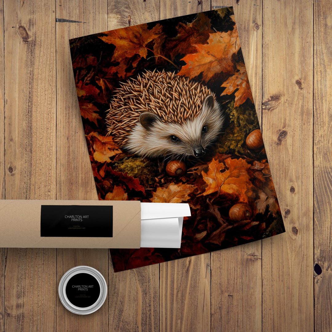Hedgehog in Autumn Forest Print Cottagecore Woodland Art Cozy Fall Decor Whimsical Forest Animal Wall Art