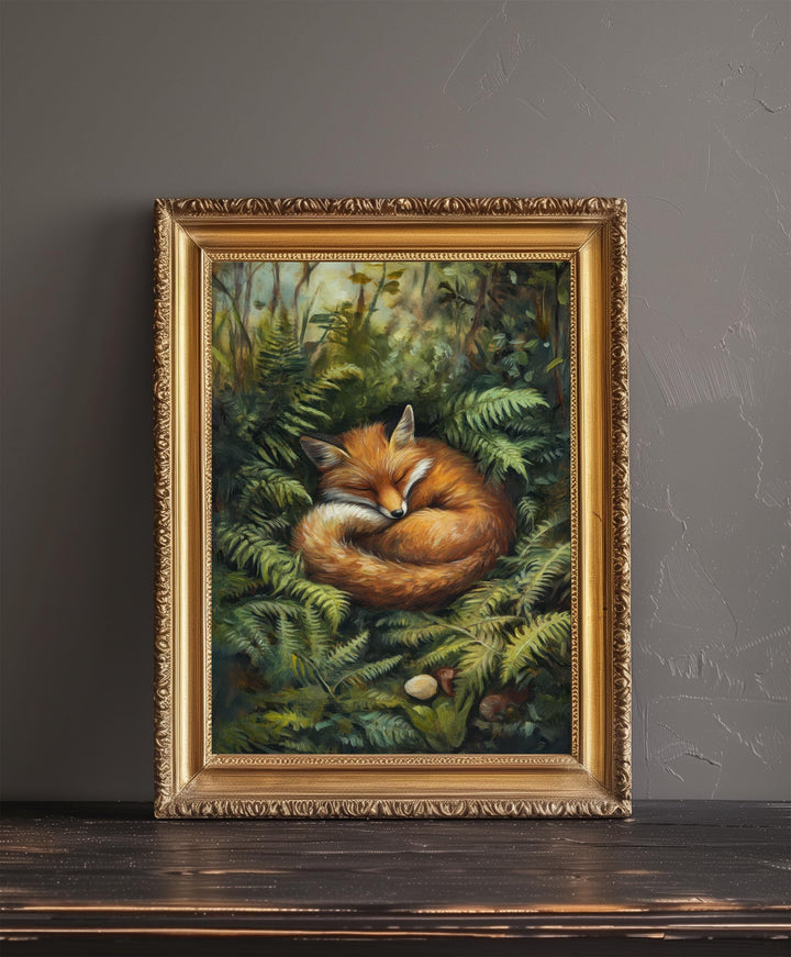 Fox Sleeping in Ferns Art Print Cottagecore Woodland Animal Decor Cozy Nature Wall Art Whimsical Forest Scene