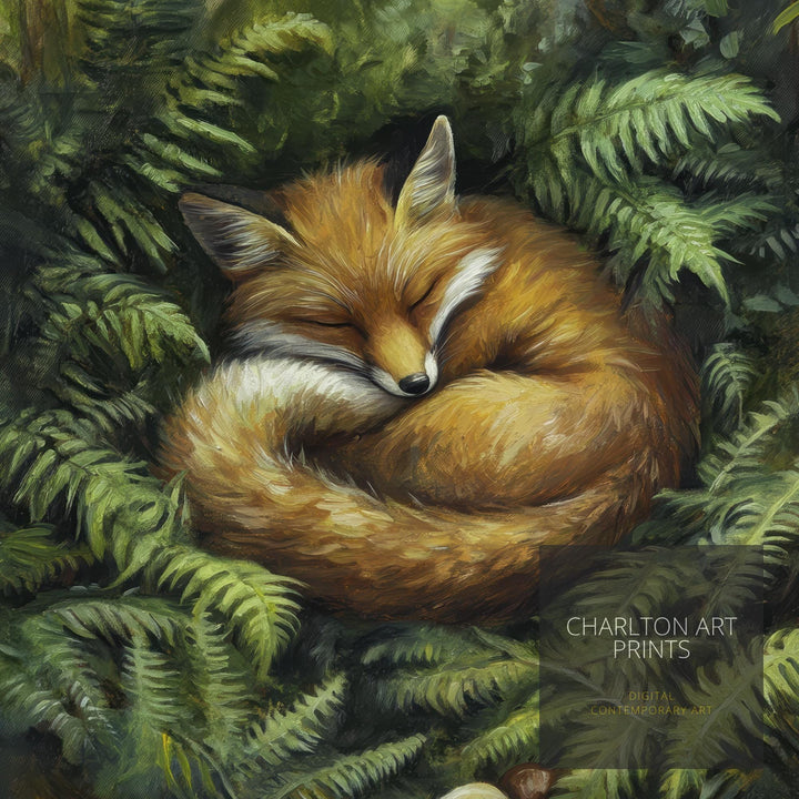 Fox Sleeping in Ferns Art Print Cottagecore Woodland Animal Decor Cozy Nature Wall Art Whimsical Forest Scene
