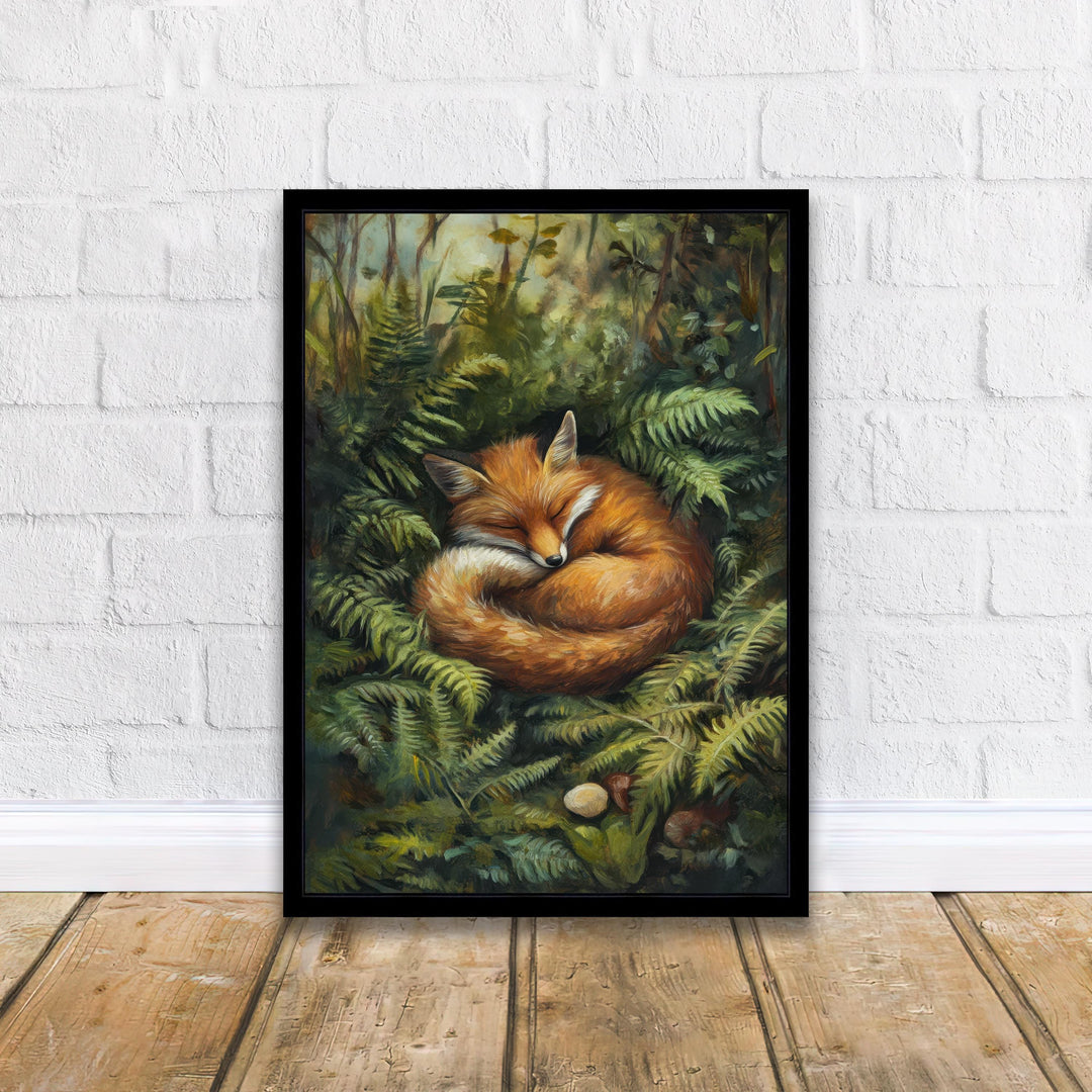 Fox Sleeping in Ferns Art Print Cottagecore Woodland Animal Decor Cozy Nature Wall Art Whimsical Forest Scene