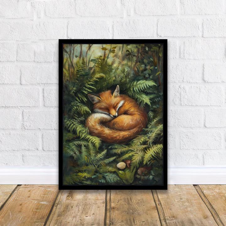 Fox Sleeping in Ferns Art Print Cottagecore Woodland Animal Decor Cozy Nature Wall Art Whimsical Forest Scene