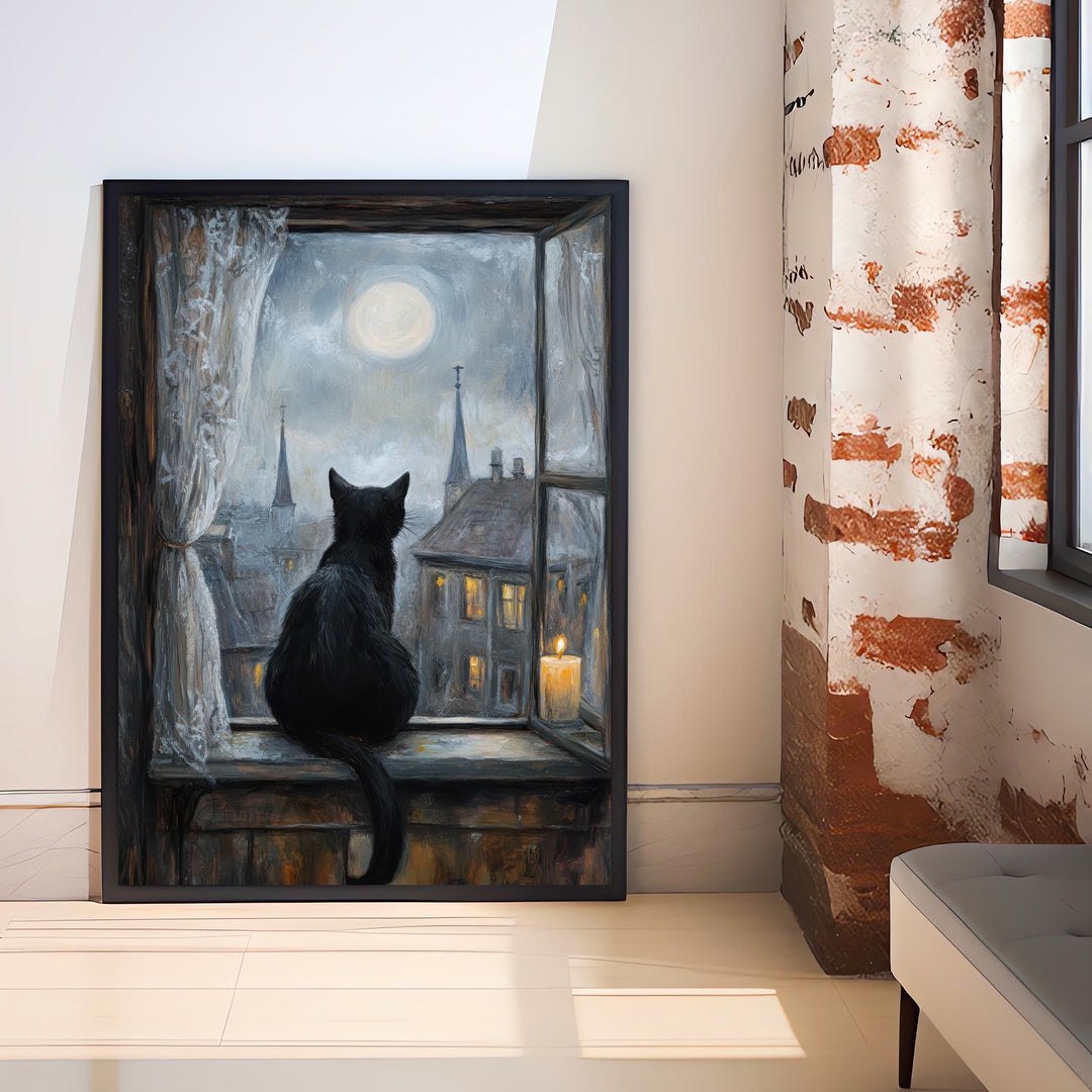 Black Cat on Windowsill Art Print Cottagecore Cozy Home Decor Whimsical Feline Wall Art