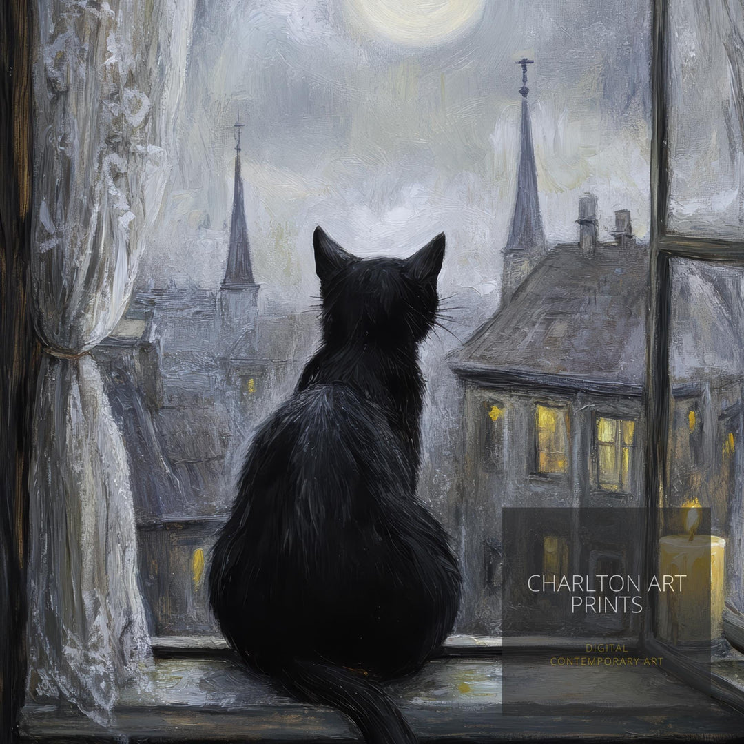 Black Cat on Windowsill Art Print Cottagecore Cozy Home Decor Whimsical Feline Wall Art