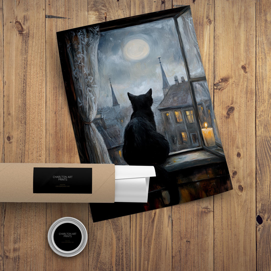 Black Cat on Windowsill Art Print Cottagecore Cozy Home Decor Whimsical Feline Wall Art