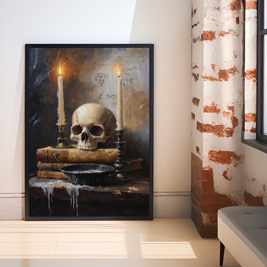 Skull and Candlelight Art Print Dark Academia Gothic Decor Moody Home Wall Art Antique Still Life