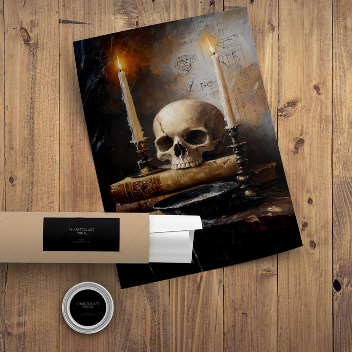 Skull and Candlelight Art Print Dark Academia Gothic Decor Moody Home Wall Art Antique Still Life