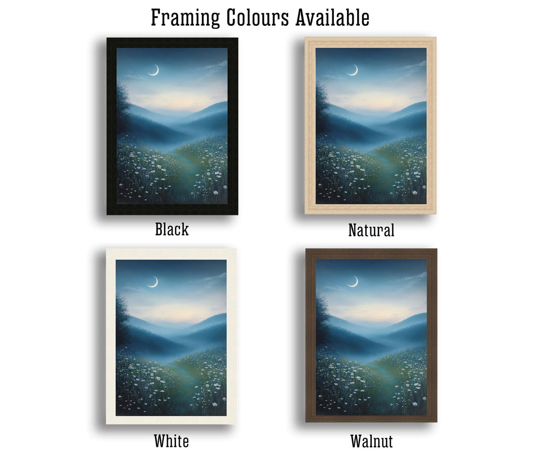 Crescent Moon Over Quiet Meadow Art Print Cottagecore Night Sky Decor Peaceful Landscape Wall Art