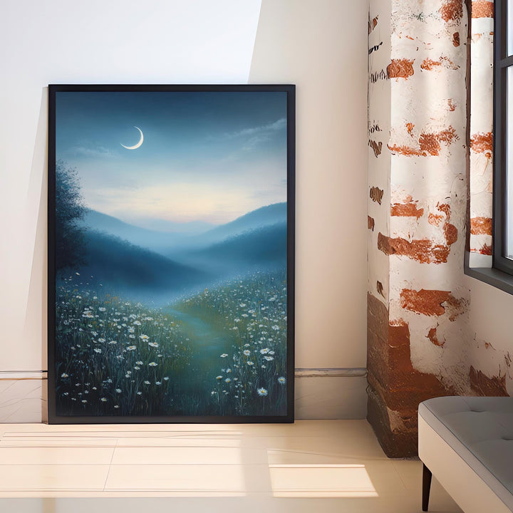 Crescent Moon Over Quiet Meadow Art Print Cottagecore Night Sky Decor Peaceful Landscape Wall Art