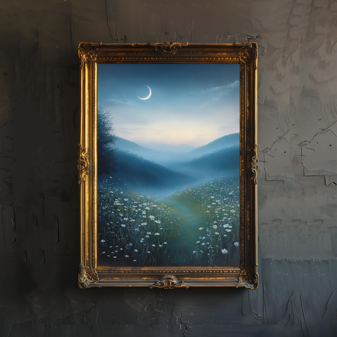 Crescent Moon Over Quiet Meadow Art Print Cottagecore Night Sky Decor Peaceful Landscape Wall Art
