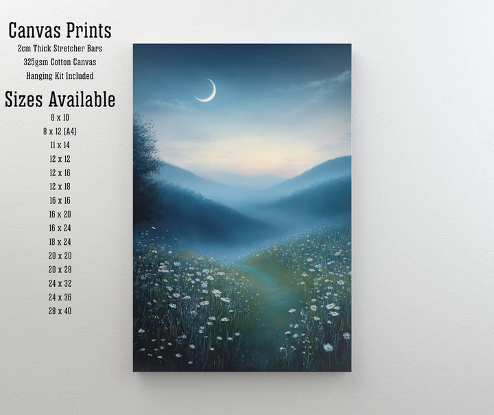 Crescent Moon Over Quiet Meadow Art Print Cottagecore Night Sky Decor Peaceful Landscape Wall Art