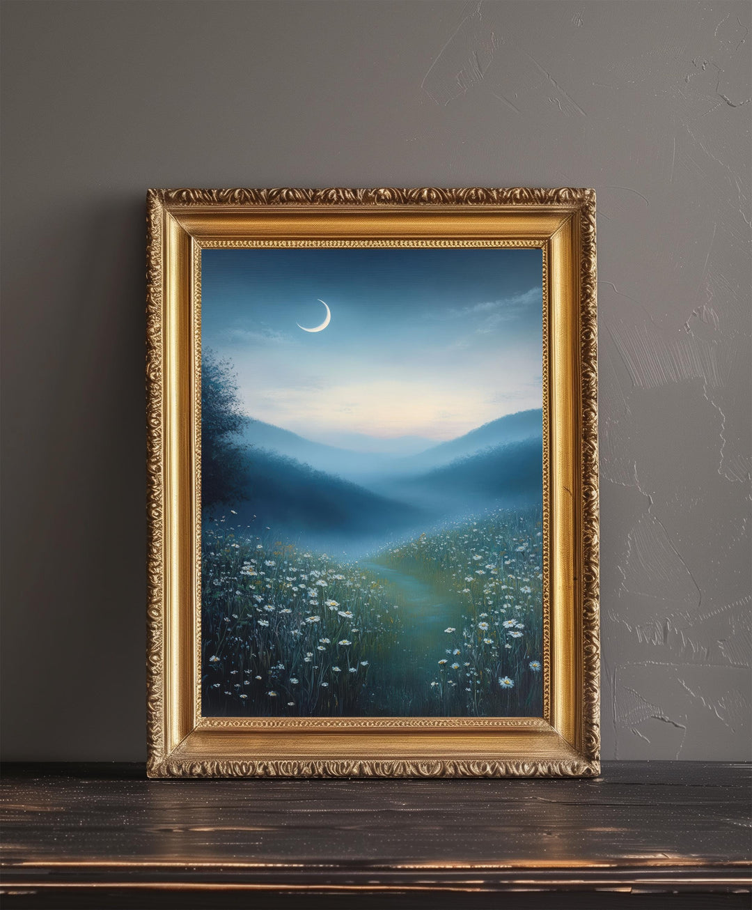 Crescent Moon Over Quiet Meadow Art Print Cottagecore Night Sky Decor Peaceful Landscape Wall Art