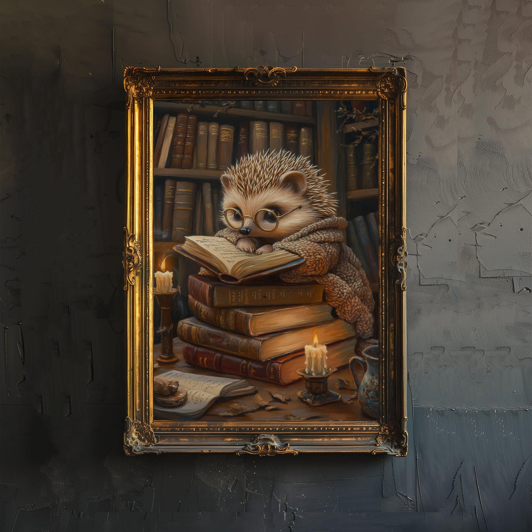 Hedgehog Librarian Art Print Cottagecore Book Lover Decor Whimsical Animal Reading Wall Art