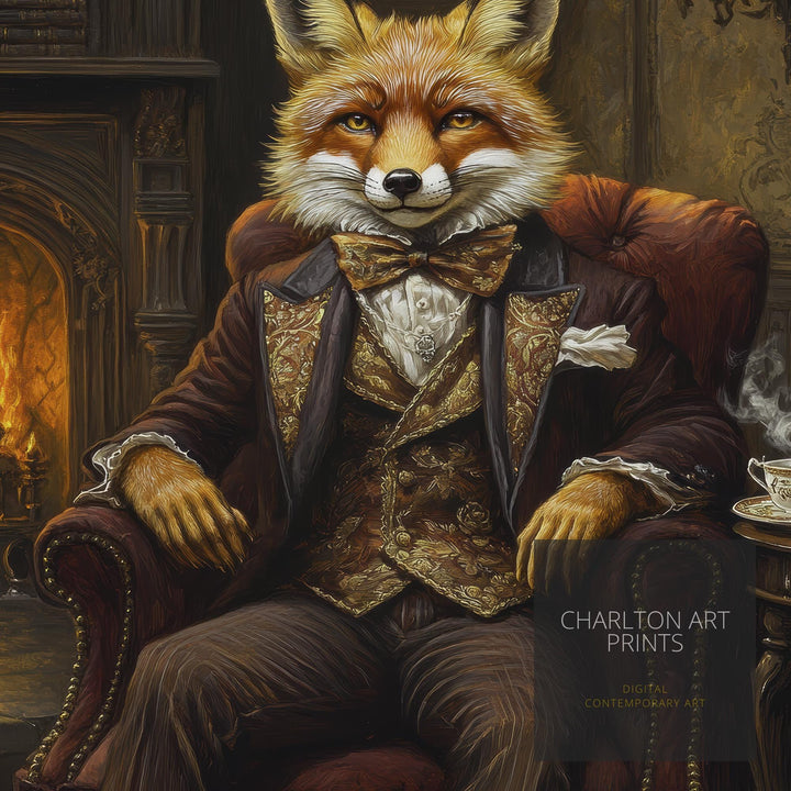Fox in Victorian Armchair Art Print Cottagecore Cozy Reading Nook Decor Whimsical Animal Portrait