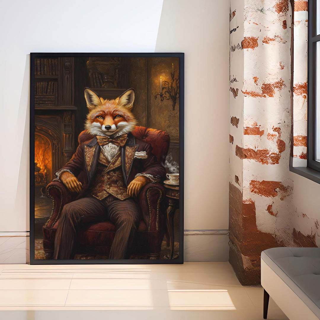Fox in Victorian Armchair Art Print Cottagecore Cozy Reading Nook Decor Whimsical Animal Portrait