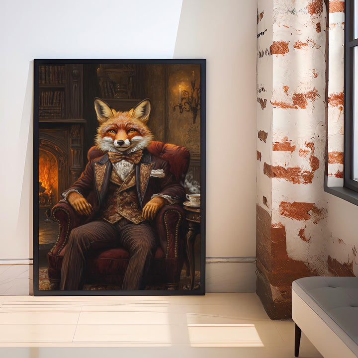 Fox in Victorian Armchair Art Print Cottagecore Cozy Reading Nook Decor Whimsical Animal Portrait