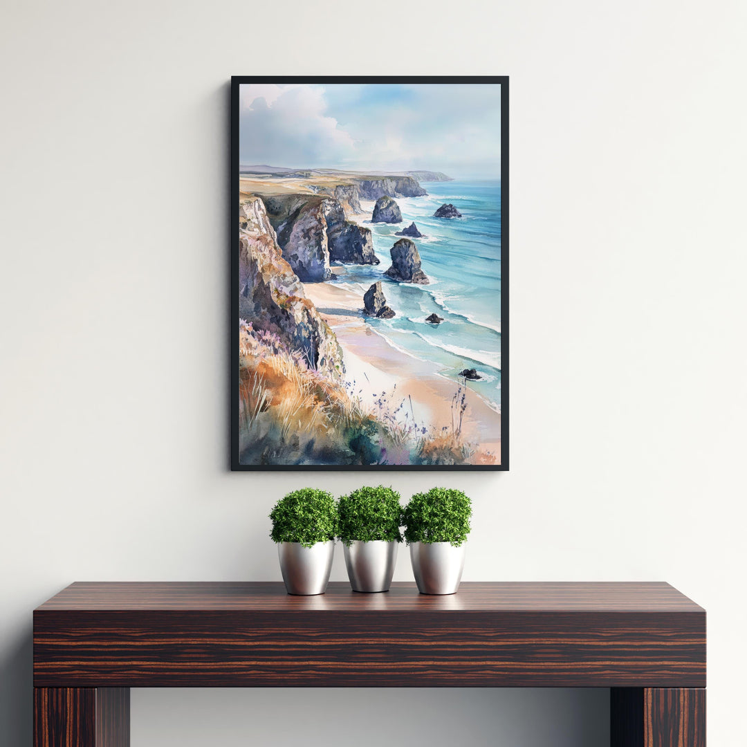 Bedruthan Steps Watercolor Painting Cornwall Coastal Art Bedruthan Steps Print Scenic Seaside Decor