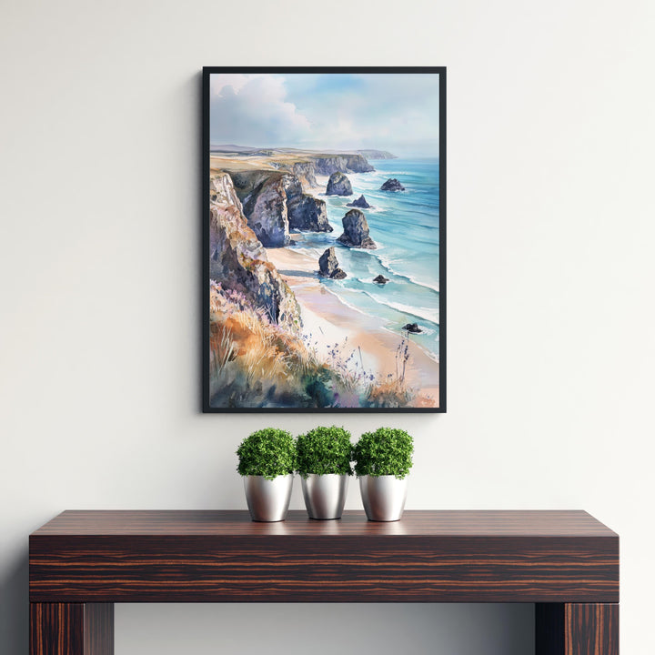 Bedruthan Steps Watercolor Painting Cornwall Coastal Art Bedruthan Steps Print Scenic Seaside Decor