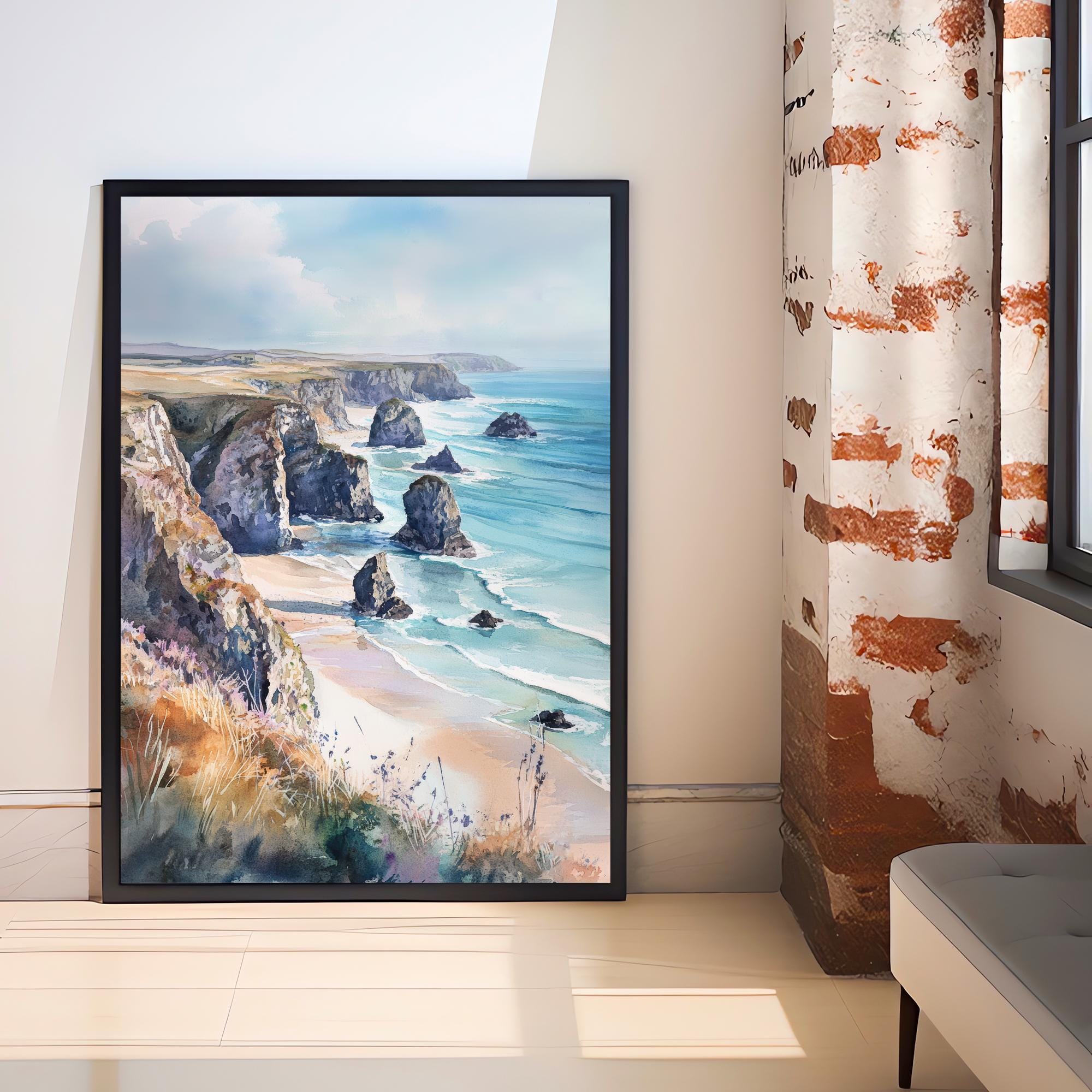 Bedruthan Steps Watercolor Painting Cornwall Coastal Art Bedruthan Steps Print Scenic Seaside Decor