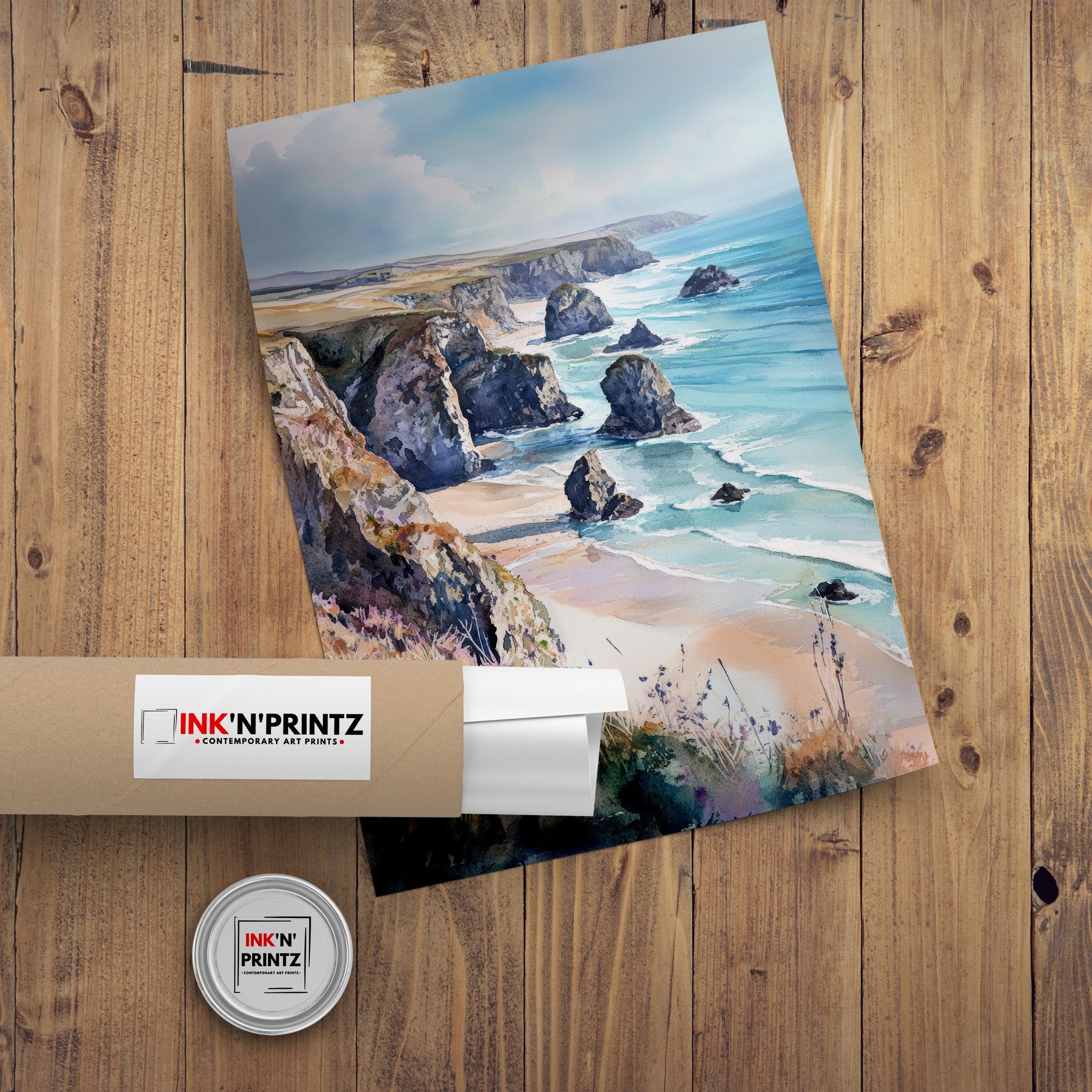 Bedruthan Steps Watercolor Painting Cornwall Coastal Art Bedruthan Steps Print Scenic Seaside Decor