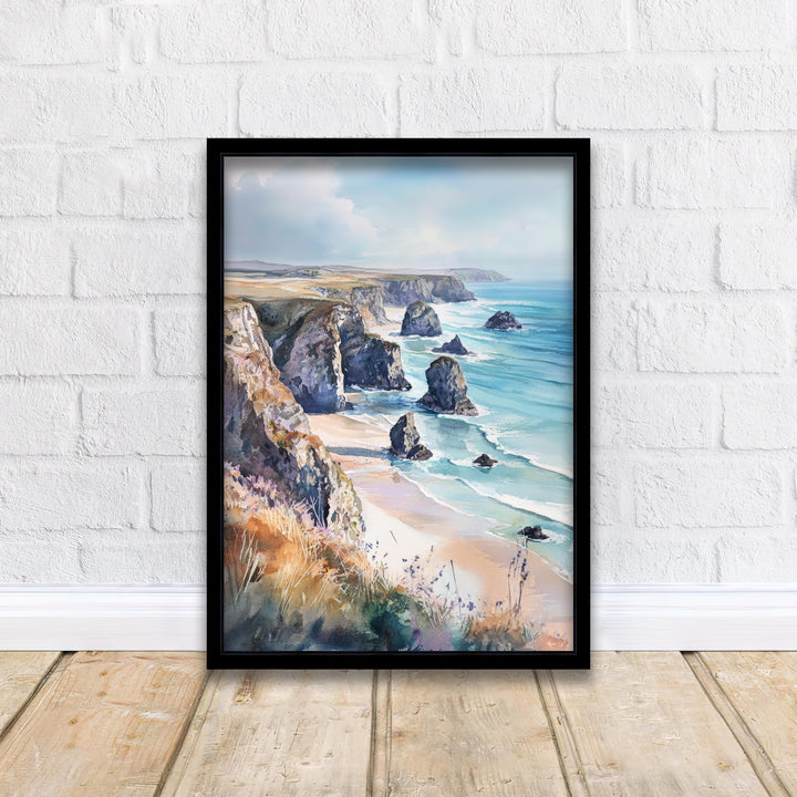 Bedruthan Steps Watercolor Painting Cornwall Coastal Art Bedruthan Steps Print Scenic Seaside Decor