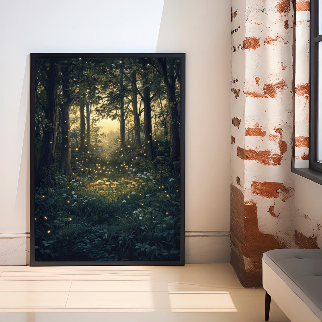 Twilight Fairy Ring with Fireflies Art Print Cottagecore Decor Whimsical Woodland Wall Art Vintage Nature Poster for Cozy Homes and Forest