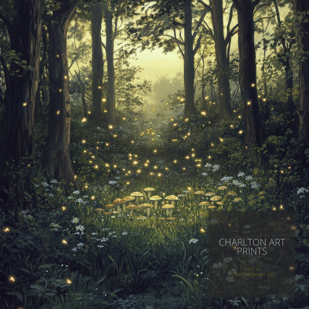 Twilight Fairy Ring with Fireflies Art Print Cottagecore Decor Whimsical Woodland Wall Art Vintage Nature Poster for Cozy Homes and Forest