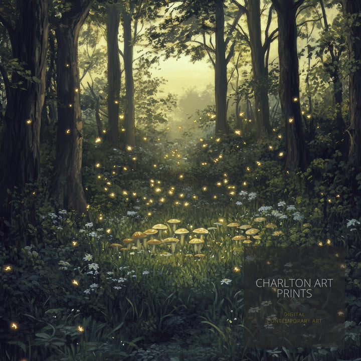 Twilight Fairy Ring with Fireflies Art Print Cottagecore Decor Whimsical Woodland Wall Art Vintage Nature Poster for Cozy Homes and Forest