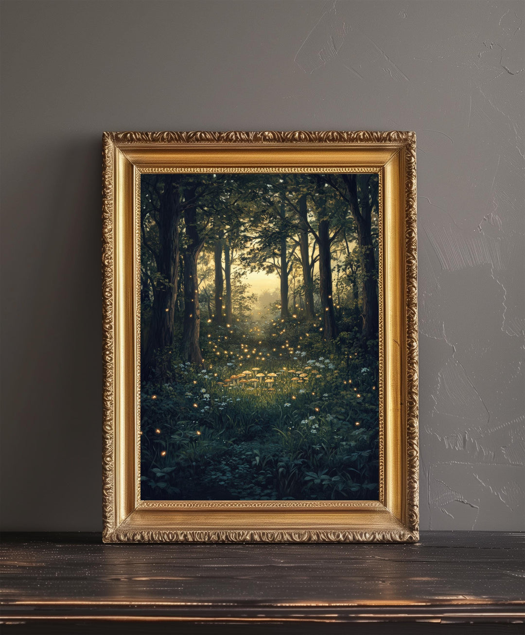 Twilight Fairy Ring with Fireflies Art Print Cottagecore Decor Whimsical Woodland Wall Art Vintage Nature Poster for Cozy Homes and Forest
