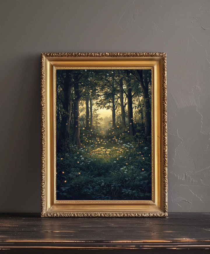 Twilight Fairy Ring with Fireflies Art Print Cottagecore Decor Whimsical Woodland Wall Art Vintage Nature Poster for Cozy Homes and Forest