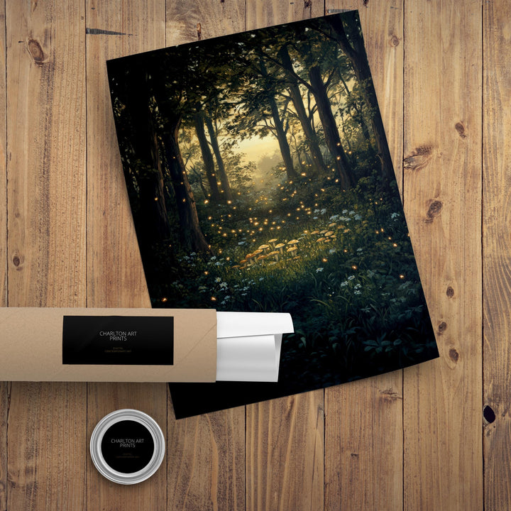 Twilight Fairy Ring with Fireflies Art Print Cottagecore Decor Whimsical Woodland Wall Art Vintage Nature Poster for Cozy Homes and Forest