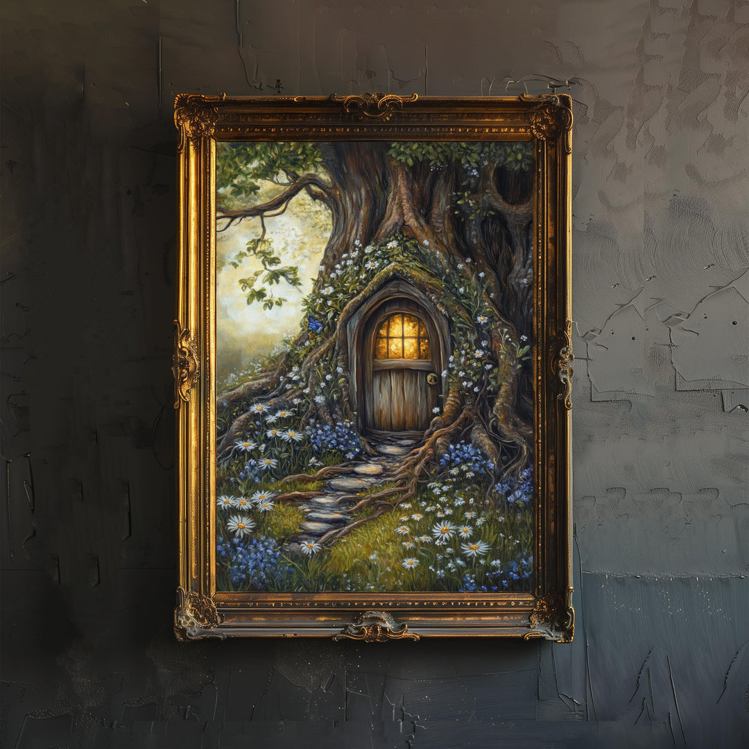 Tiny Fairy House Art Print Cottagecore Decor Whimsical Woodland Wall Art Vintage Nature Poster for Cozy Homes and Garden Inspired Spaces