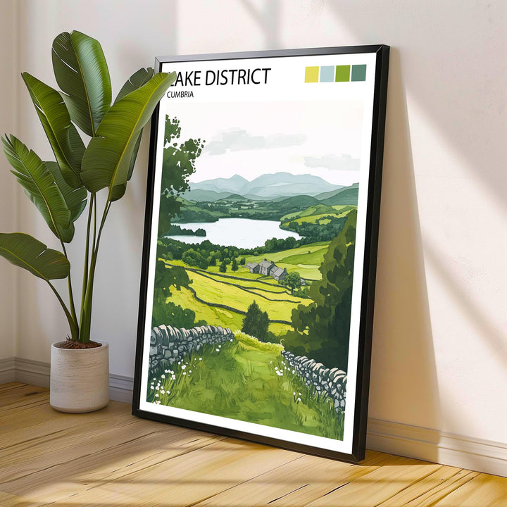 Lake District Travel Poster UK Landscape Art Lake District Print Scenic Mountain Lake Decor