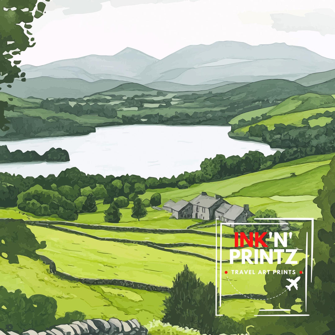 Lake District Travel Poster UK Landscape Art Lake District Print Scenic Mountain Lake Decor