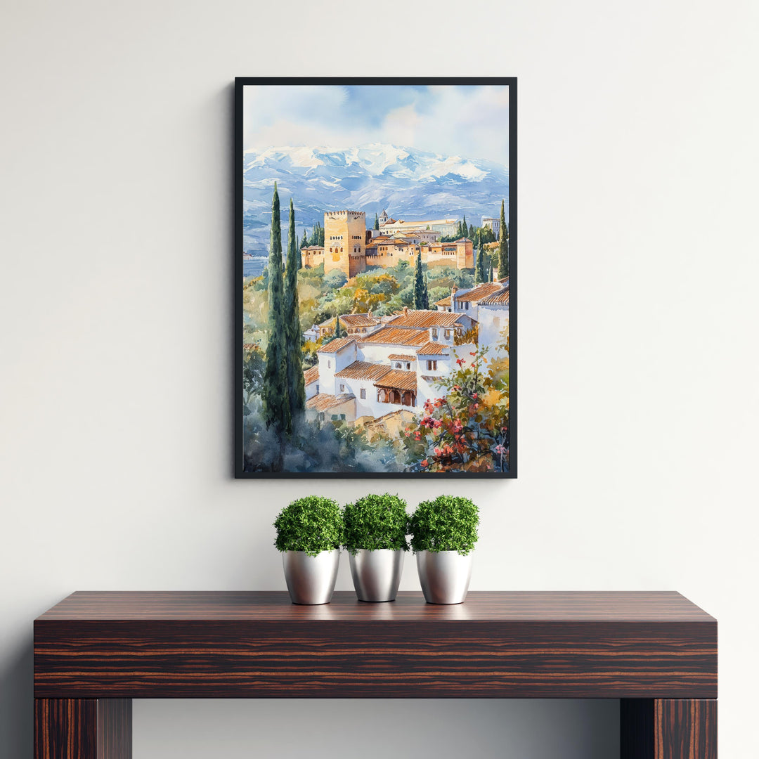 Granada Spain Watercolor Painting Alhambra Art Granada Print Scenic Spanish Landscape Decor
