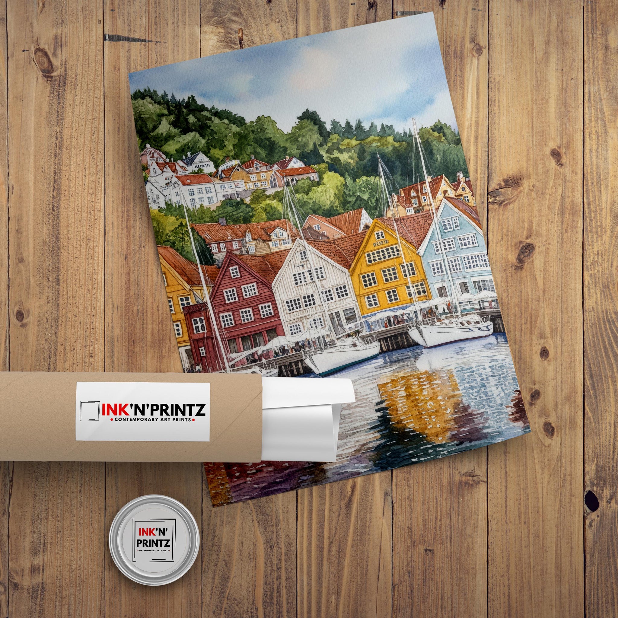 Bergen Norway Watercolor Painting Norwegian City Art Bergen Print Scenic Harbor Landscape Decor Gift for Norway Lovers