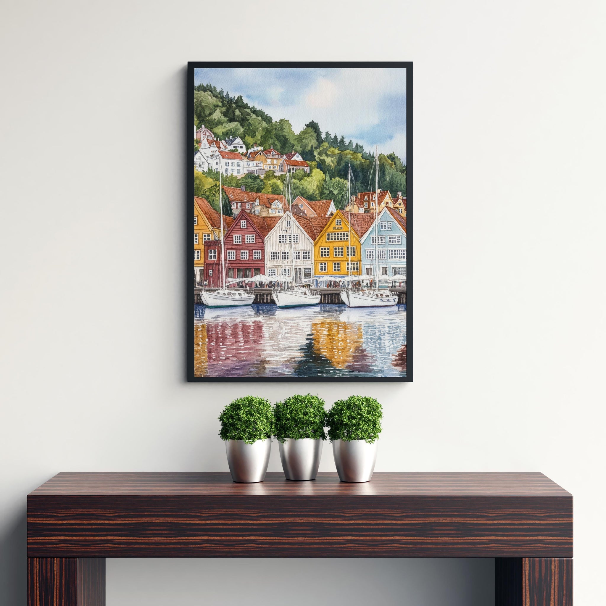 Bergen Norway Watercolor Painting Norwegian City Art Bergen Print Scenic Harbor Landscape Decor Gift for Norway Lovers