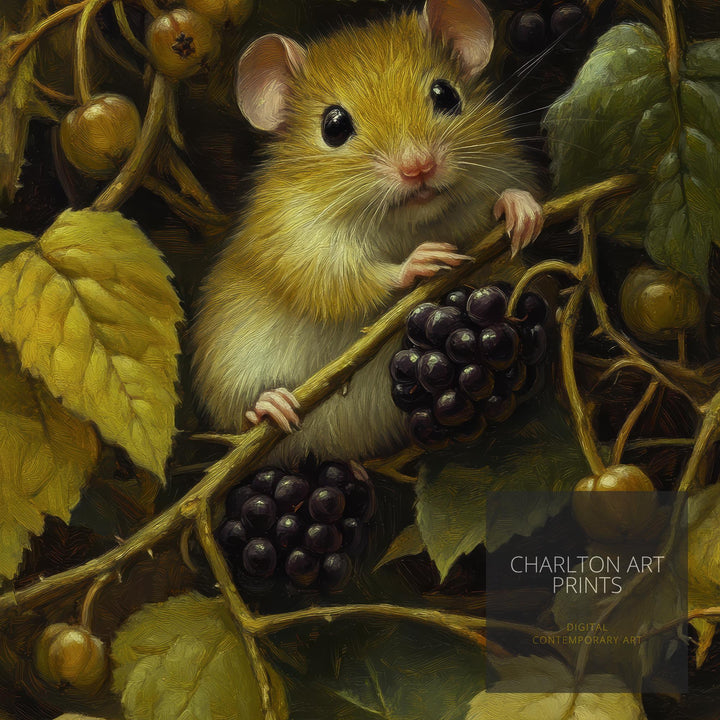 Dormouse Among Blackberry Brambles Poster Cottagecore Decor Dark Academia Art Enchanted Wildlife Illustration Vintage Nature Wall Art