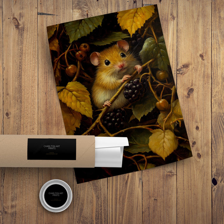 Dormouse Among Blackberry Brambles Poster Cottagecore Decor Dark Academia Art Enchanted Wildlife Illustration Vintage Nature Wall Art