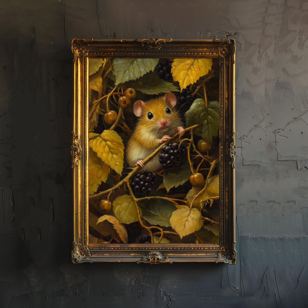 Dormouse Among Blackberry Brambles Poster Cottagecore Decor Dark Academia Art Enchanted Wildlife Illustration Vintage Nature Wall Art