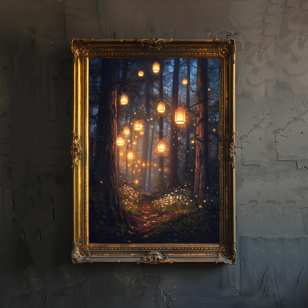 Fairy Lantern Festival Poster Cottagecore Decor Dark Academia Art Enchanted Illustration Vintage Magical Wall Art Rustic Aesthetic